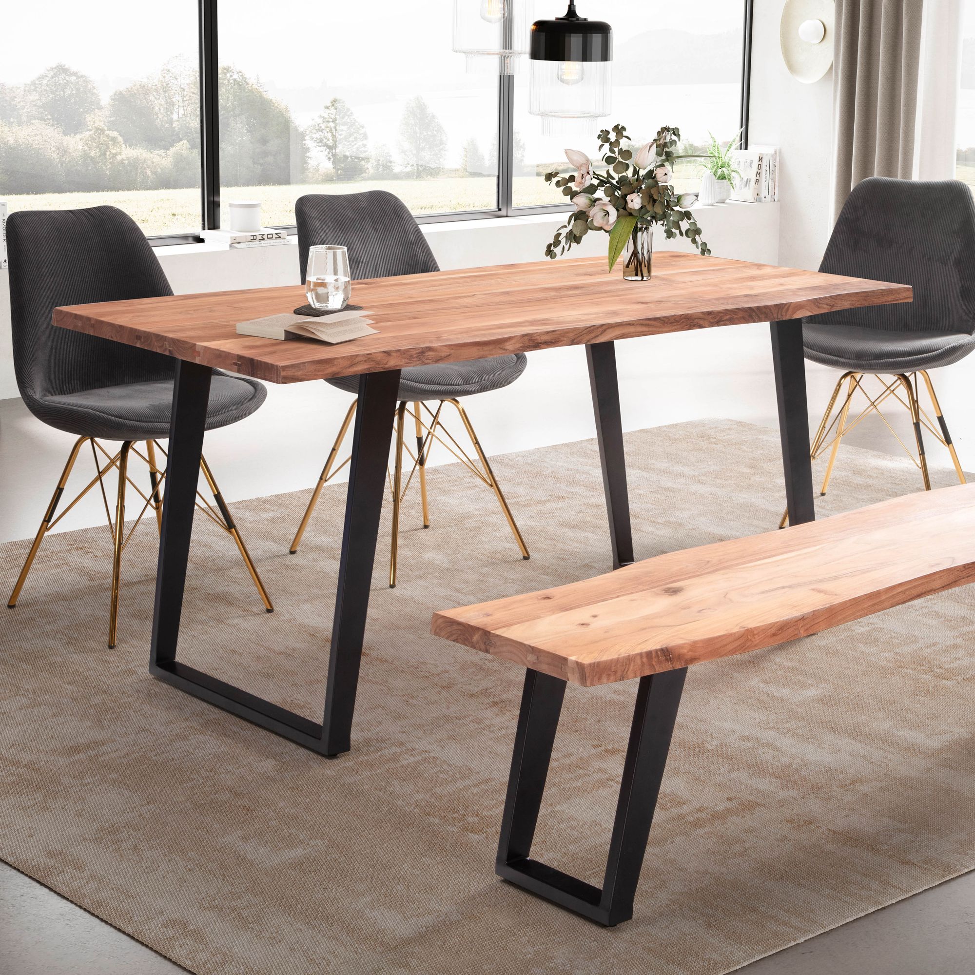 Esszimmertisch 120x60x76 cm Akazie Massivholz | Helles Goldbraun | Schwarze U-förmige Metallbeine