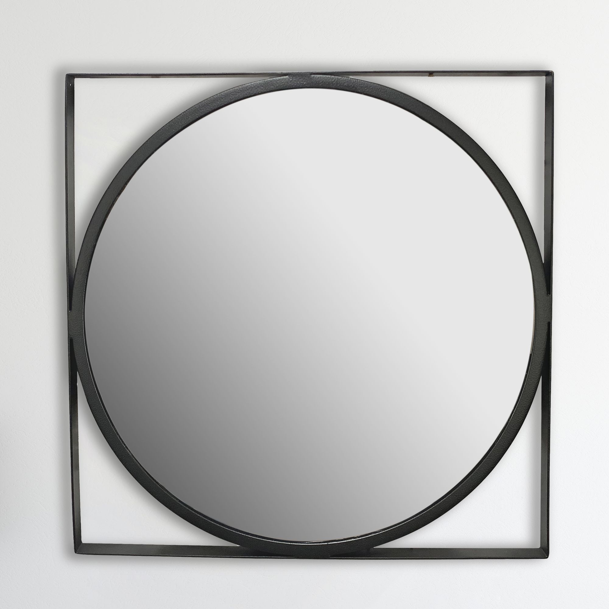 Black Metal Wall Mirror | 54x54 cm | Round Mirror with Square Frame
