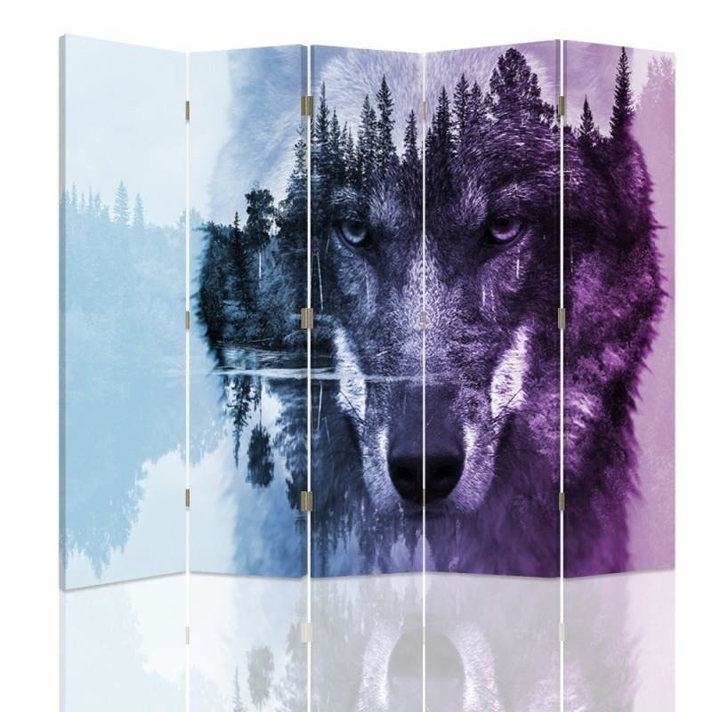 180 cm doppelseitiger paravent aus mdf und leinwand mit bild eines wolfes in lilafarbenem holz