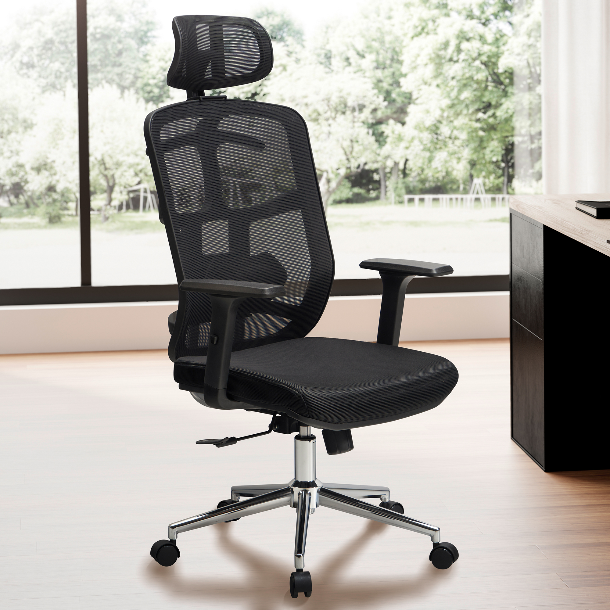 Black Mesh Office Chair | Ergonomic with Headrest and Lumbar Support | Dimensions: H 120-130 cm, W 68 cm, D 68 cm