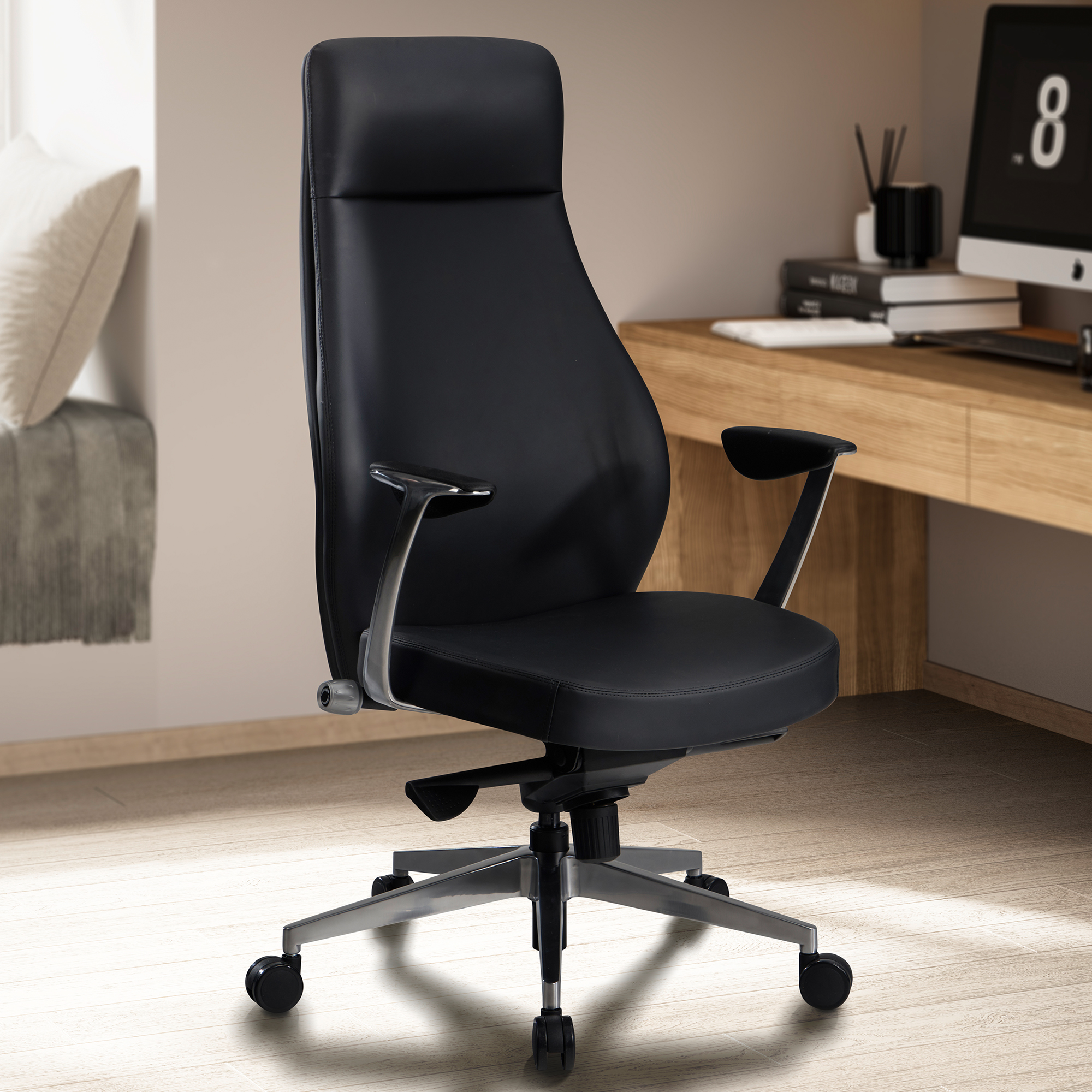 Bürostuhl Schwarz Kunstleder | Ergonomischer Chefsessel | H 119-125 cm B 74 cm T 74 cm