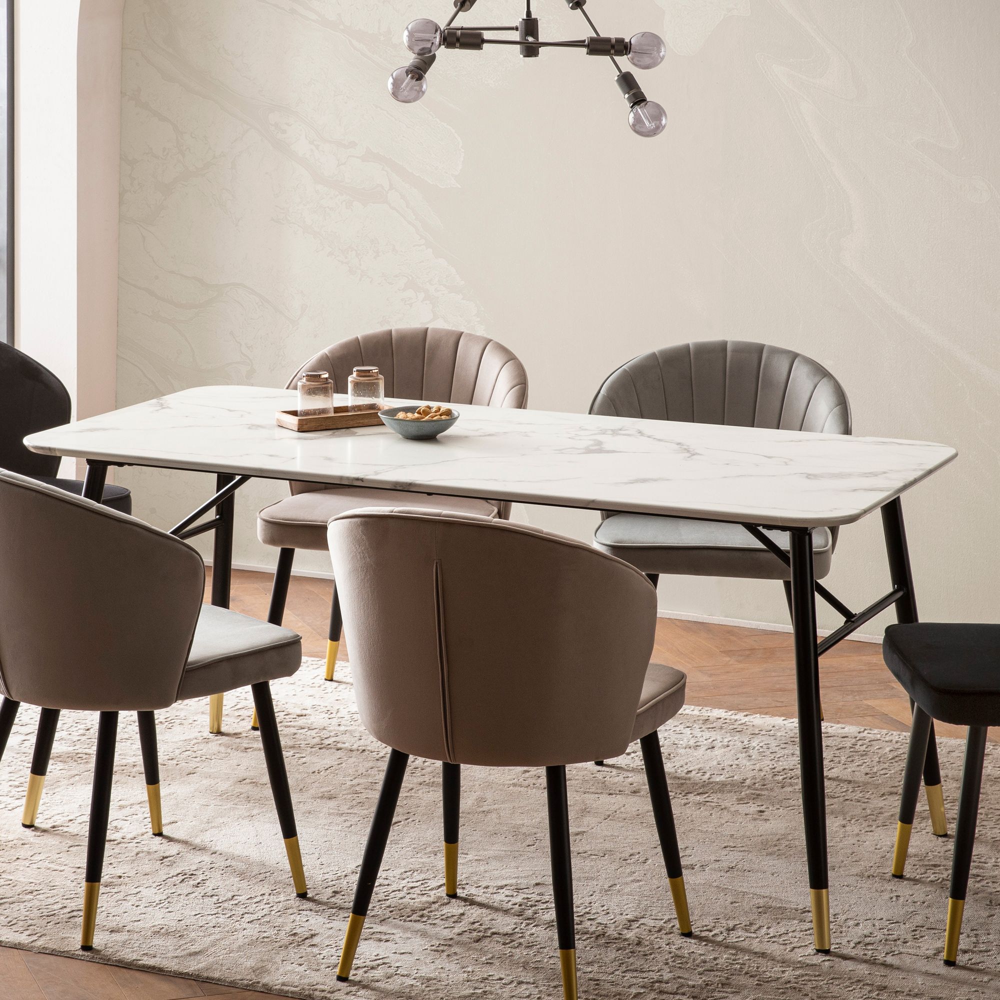 Table à manger 120x60x76 cm | Plateau blanc effet marbre | Pieds métal noir et doré