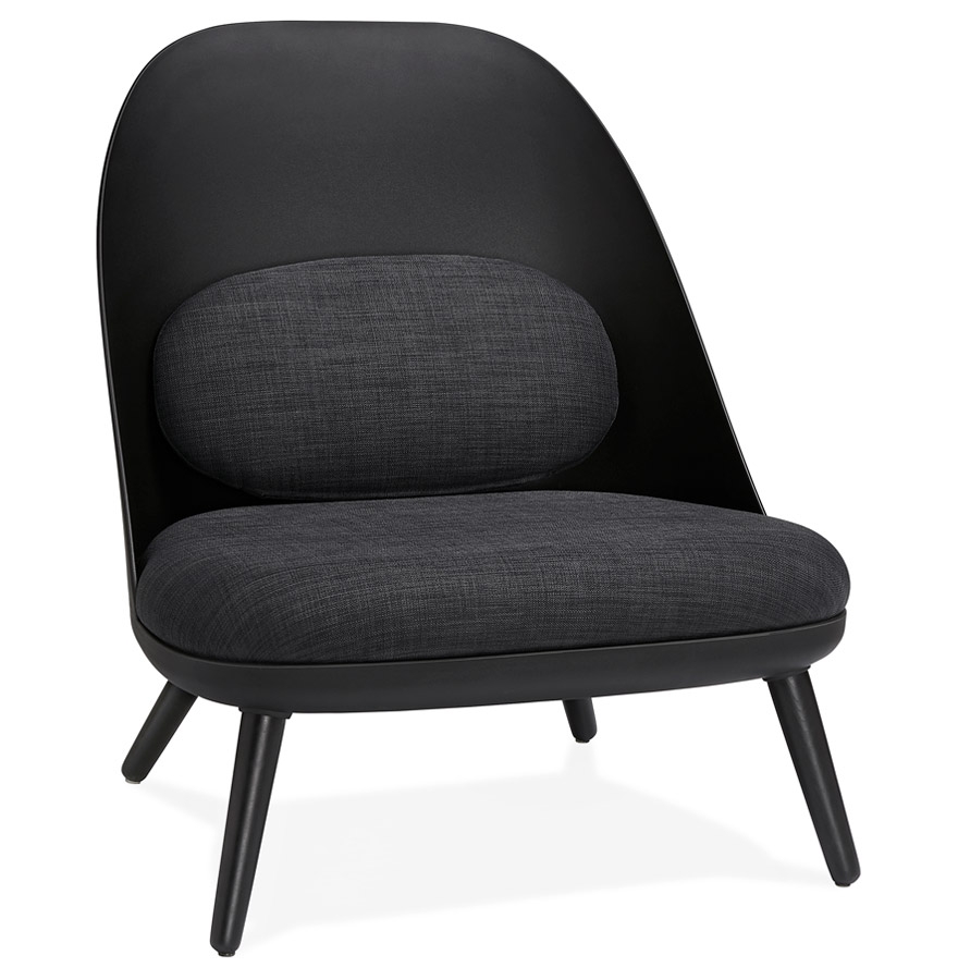Fauteuil lounge design 'TICOS' noir | Coque plastique & coussin gris foncé | Pieds bois noir | 74x66x76 cm