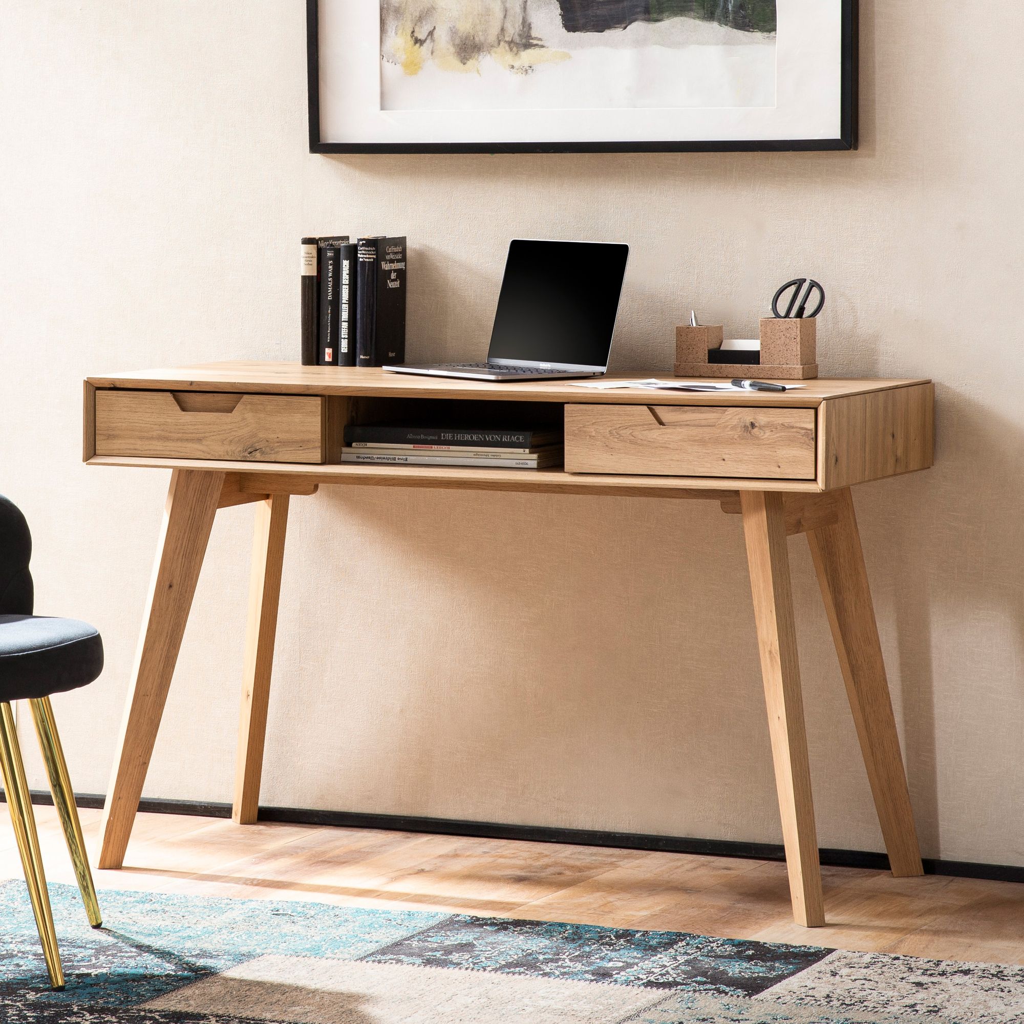 Bureau design scandinave | Corps MDF effet chêne | 120x55x77 cm | Pieds chêne massif