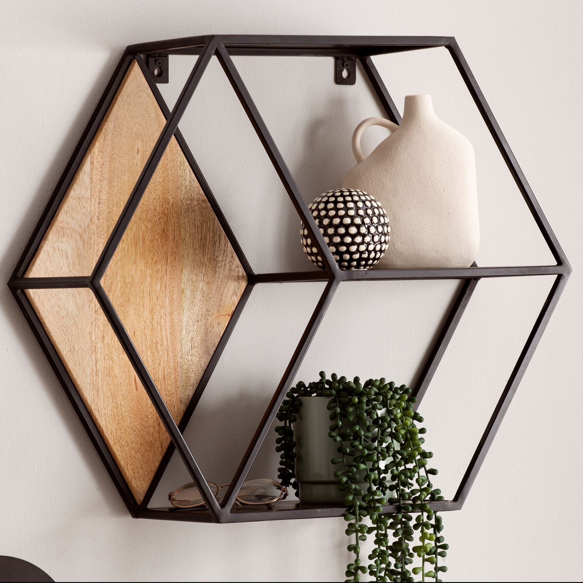 Étagère Murale 60x52x20 cm Bois de Manguier Massif / Métal | Design Hexagonal Industriel | 3 Plateaux Noir / Marron Clair