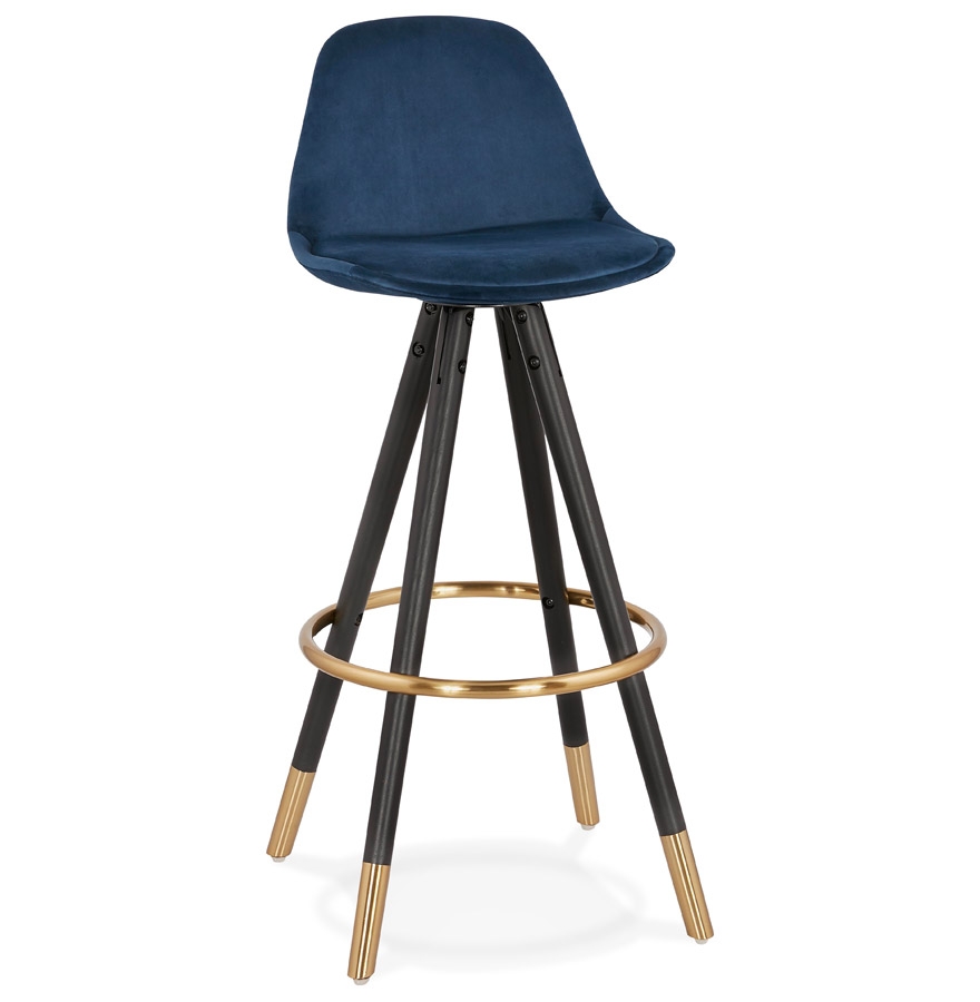 Tabouret bar CHICAGO velours bleu & pieds bois noir | 41x41x97 cm