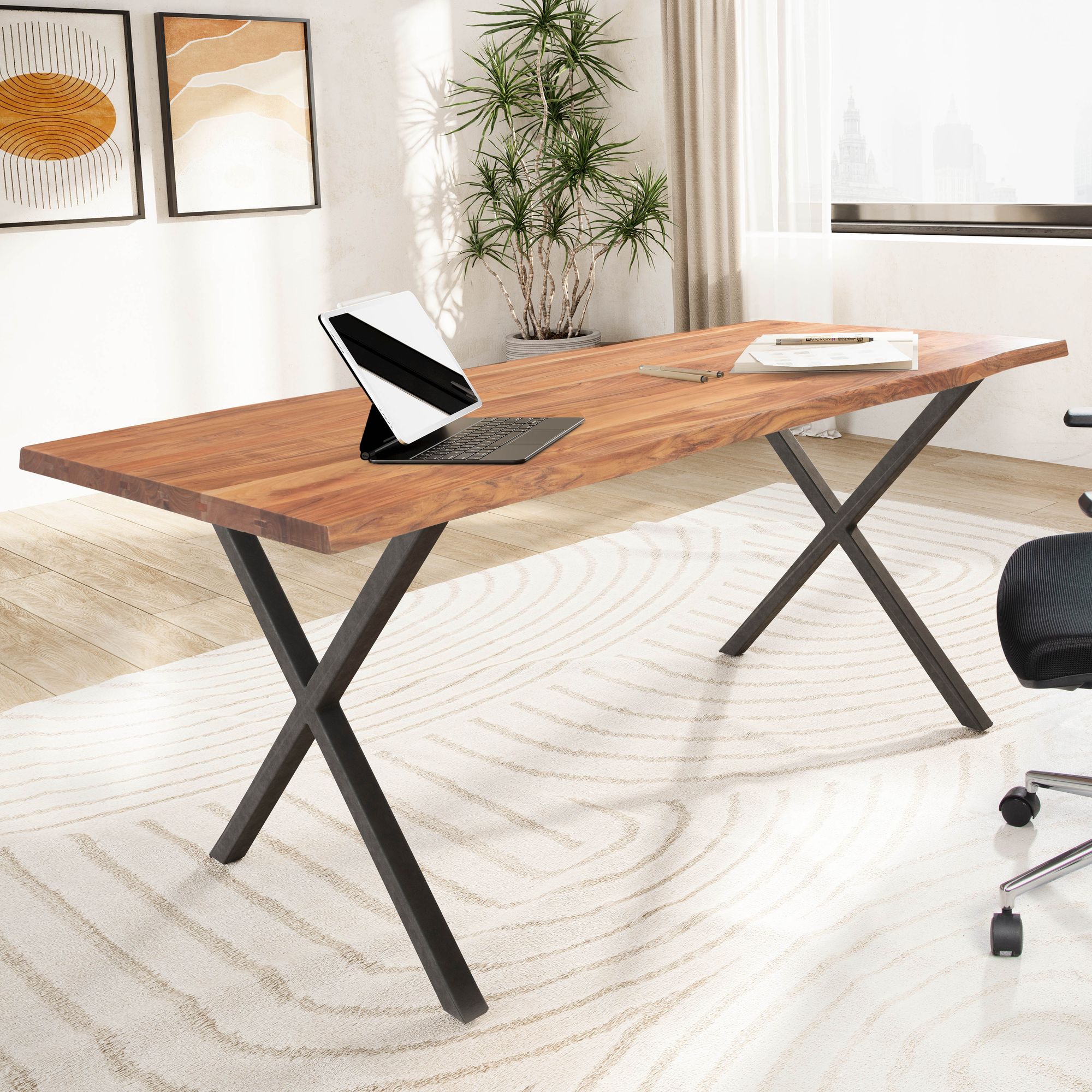 Acacia Solid Wood Desk with Black Metal Legs | Light Golden Wood Color | 120x60x76 cm