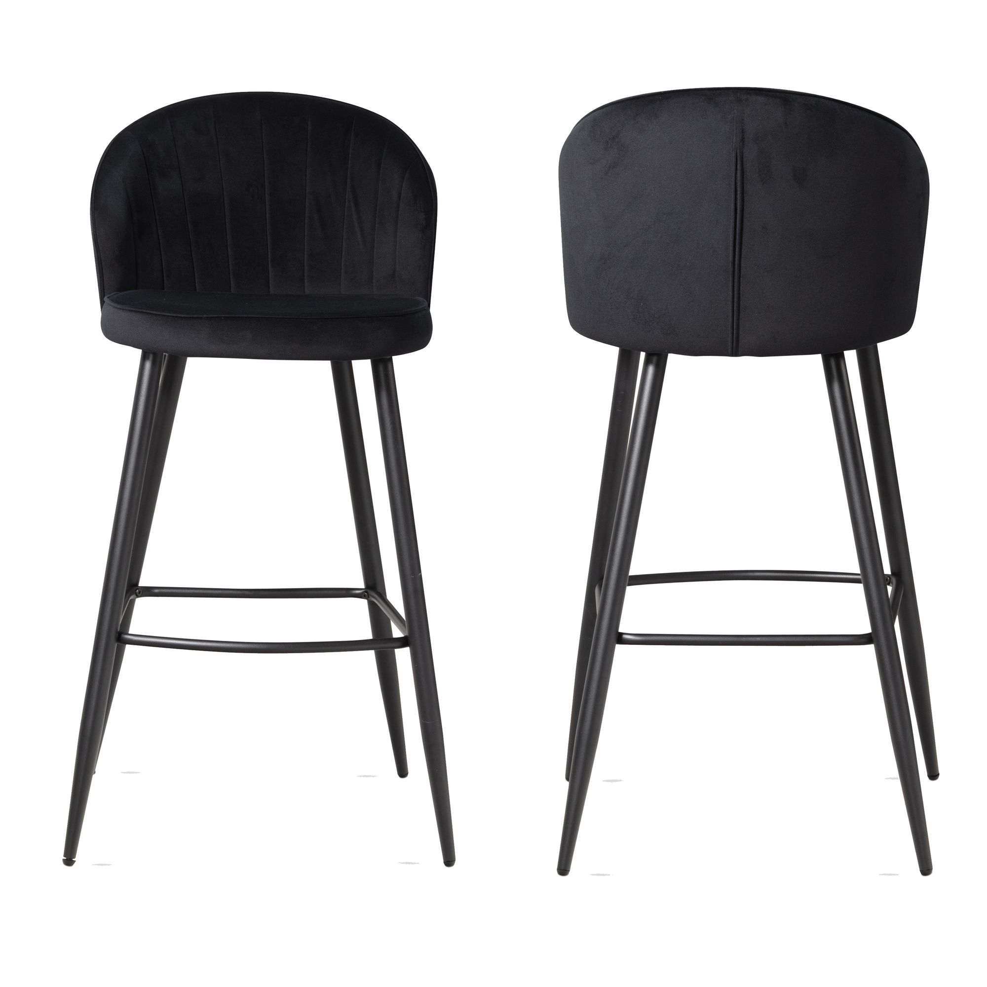 Lot de 2 tabourets de bar velours noir avec dossier | Pieds noirs | 56x102,5x52,5 cm