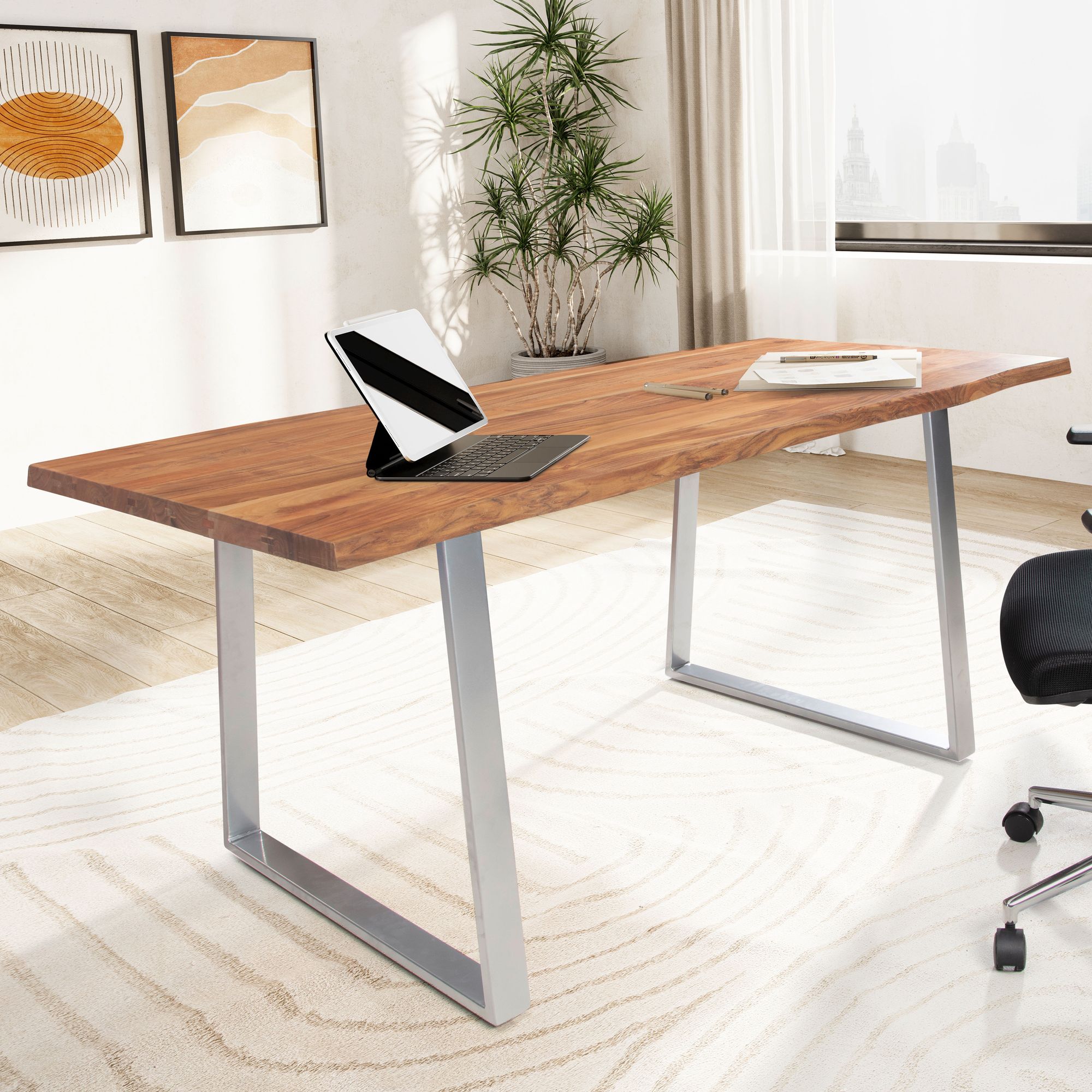 Bureau 120x60x76 cm | Acacia massif | Plateau bord naturel doré et pieds chromés