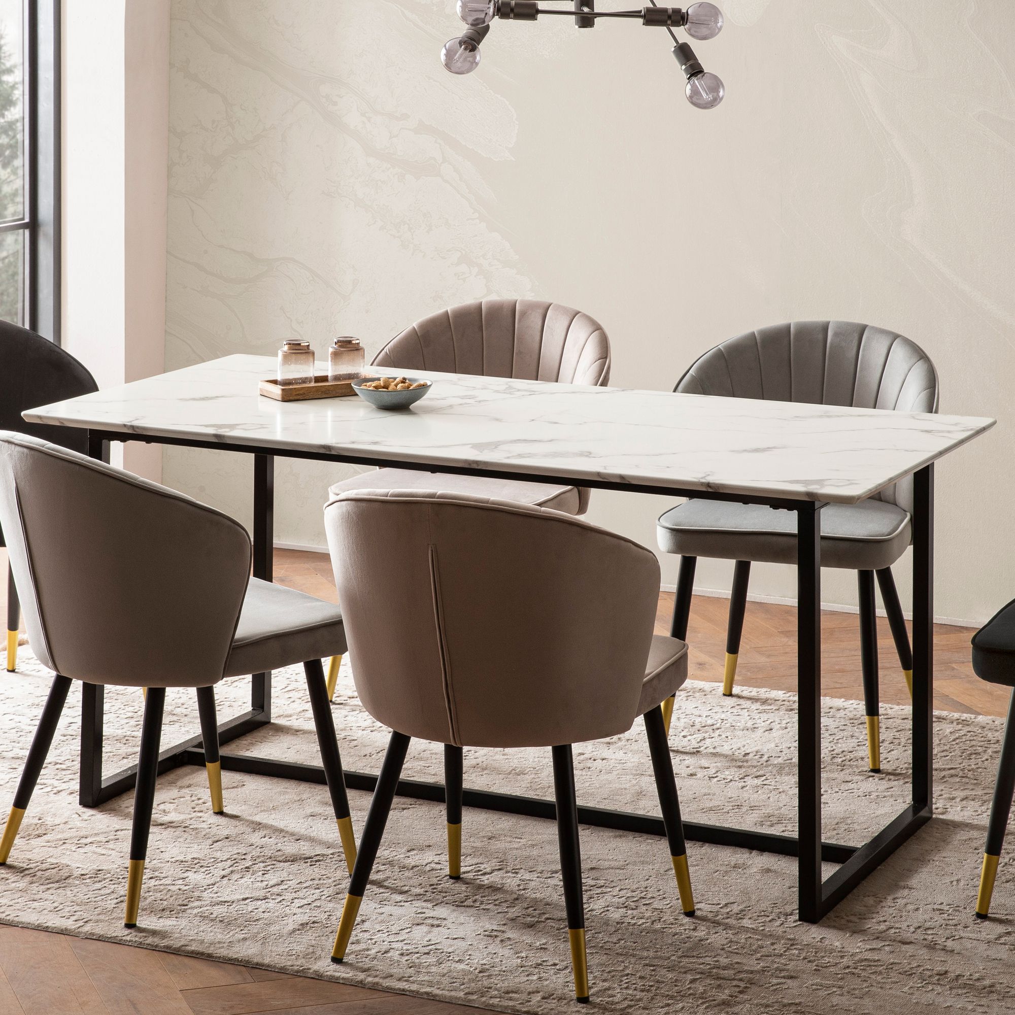 Table à manger 120x60x76 cm | Plateau blanc effet marbre | Piètement métal noir