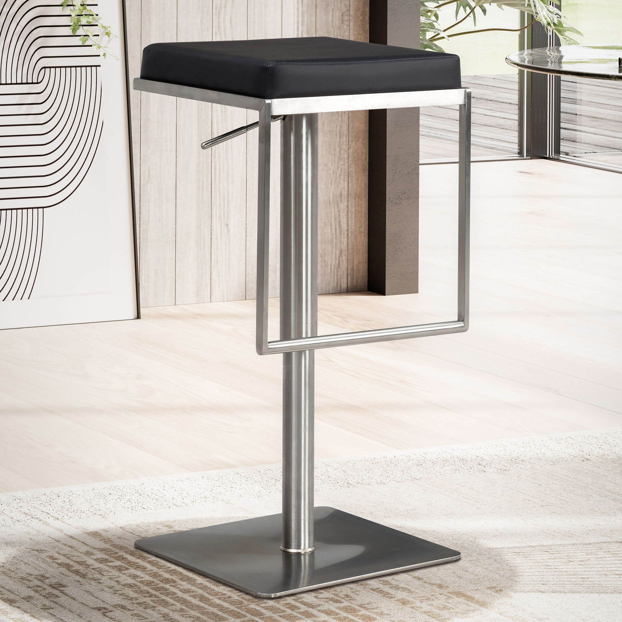 Black Faux Leather Bar Stool with Stainless Steel Frame | Modern Design | Padded Adjustable Seat (73-91 cm)