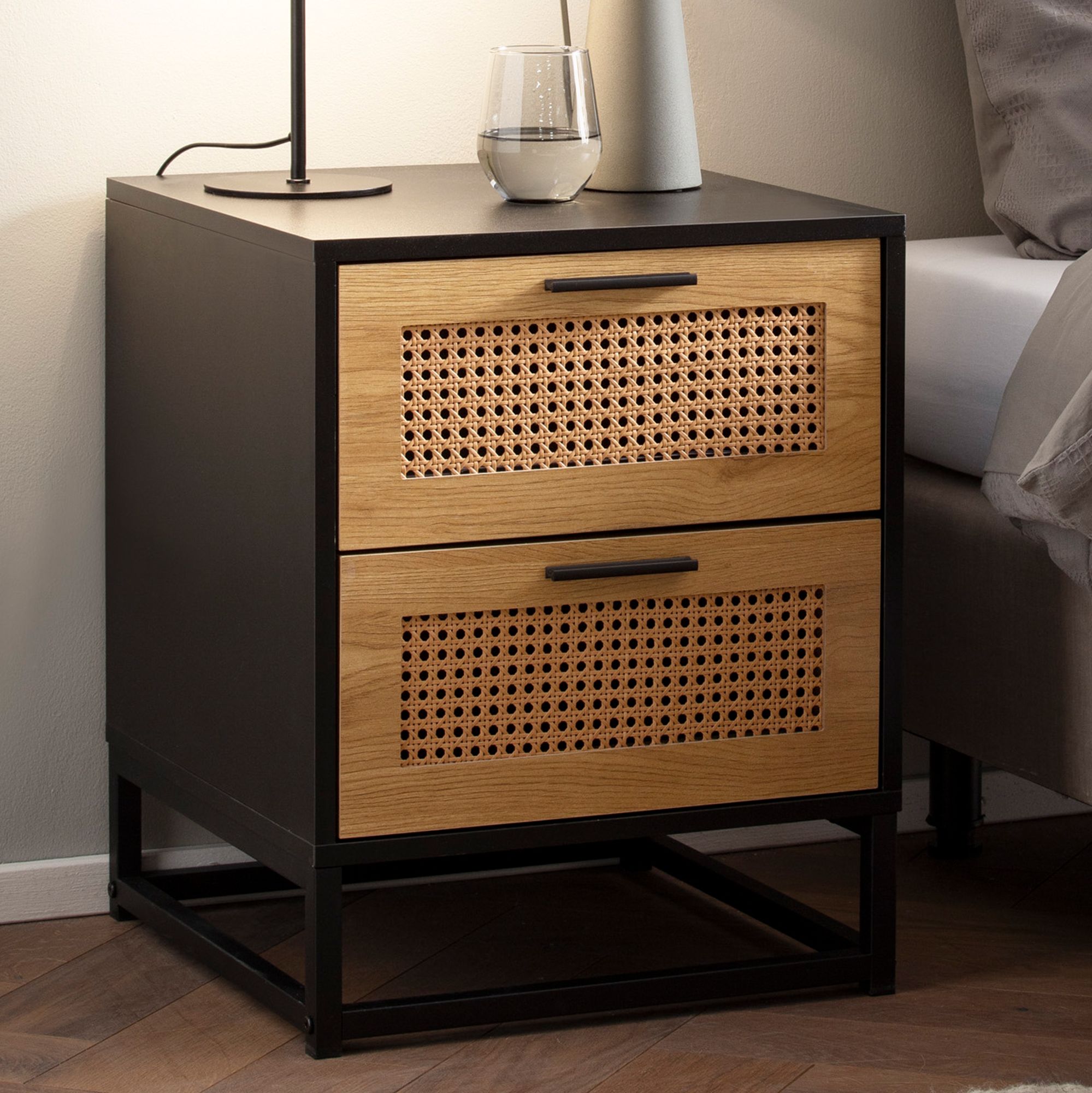 Black Nightstand with Vienna Cane | 45x45x56 cm | MDF, Iron