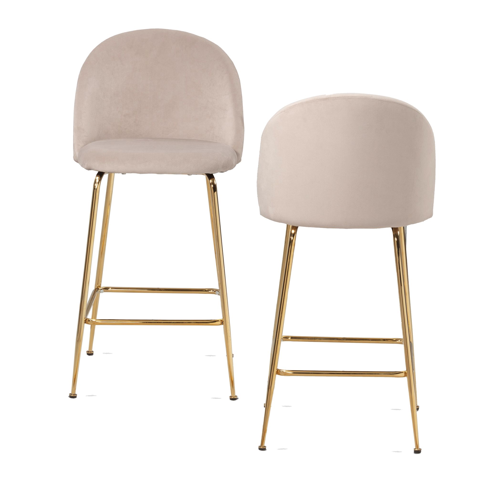 2er Set Tabourets de Bar en Velours Beige | Pieds en Métal Doré | 50x50x102 cm