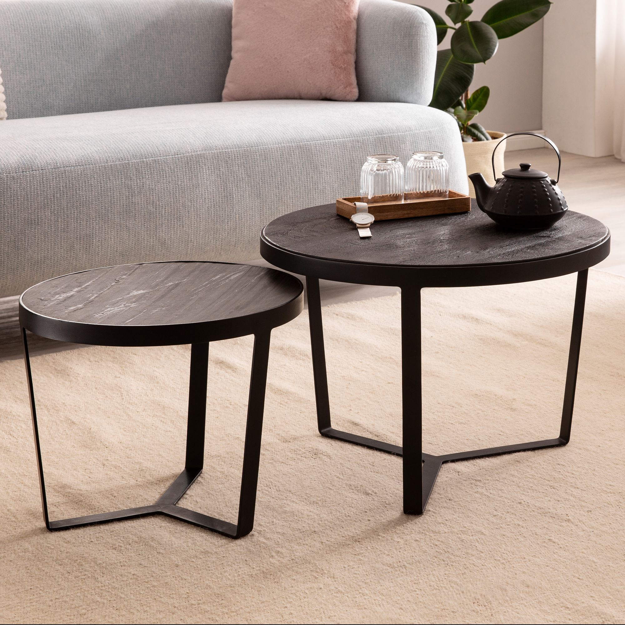 2-Piece Coffee Table Set Acacia Solid Wood Black / Stone Effect Anthracite | 60x60x40 cm & 44x44x35 cm