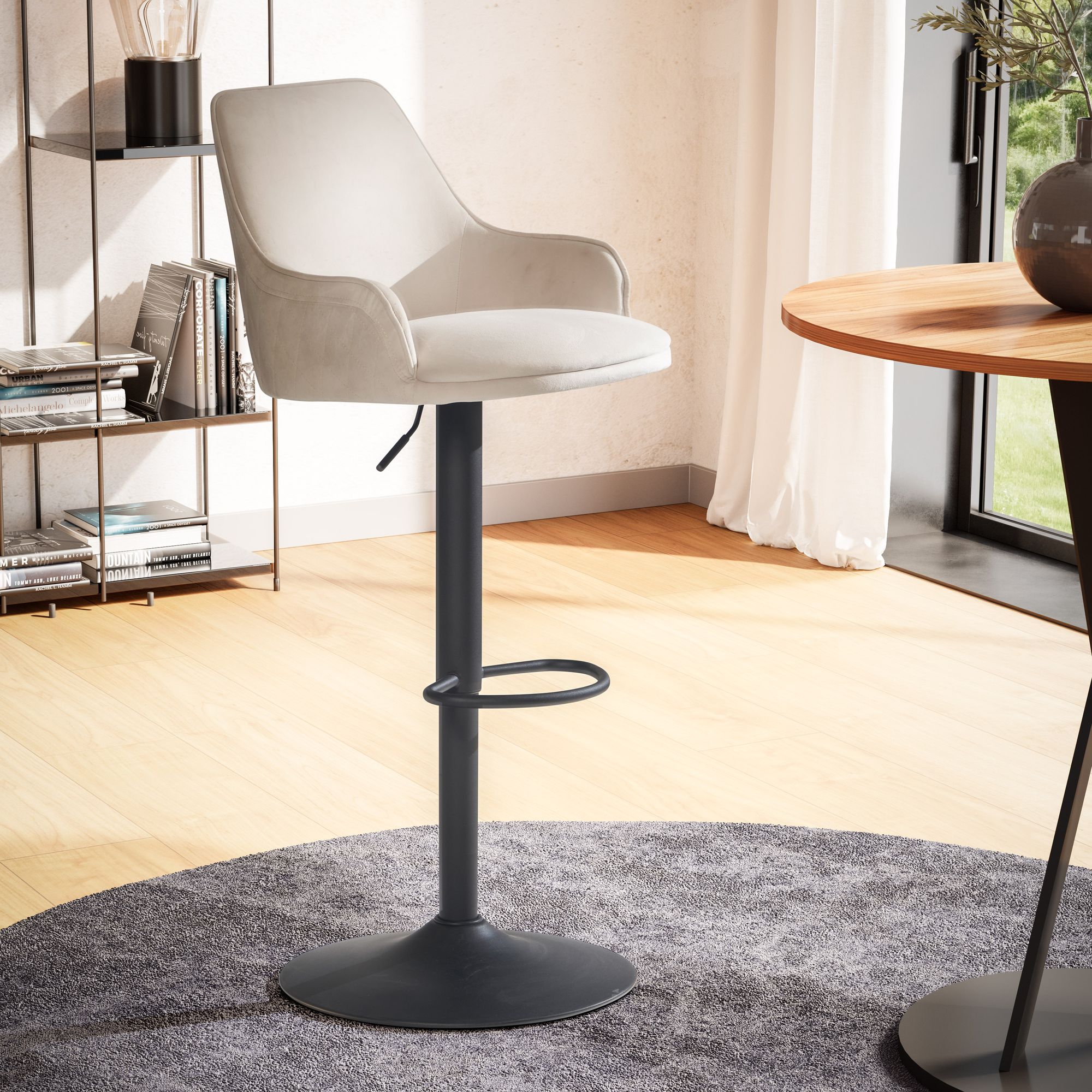 Tabouret de bar en velours beige | Métal trompette noir | Hauteur réglable 86-106 cm