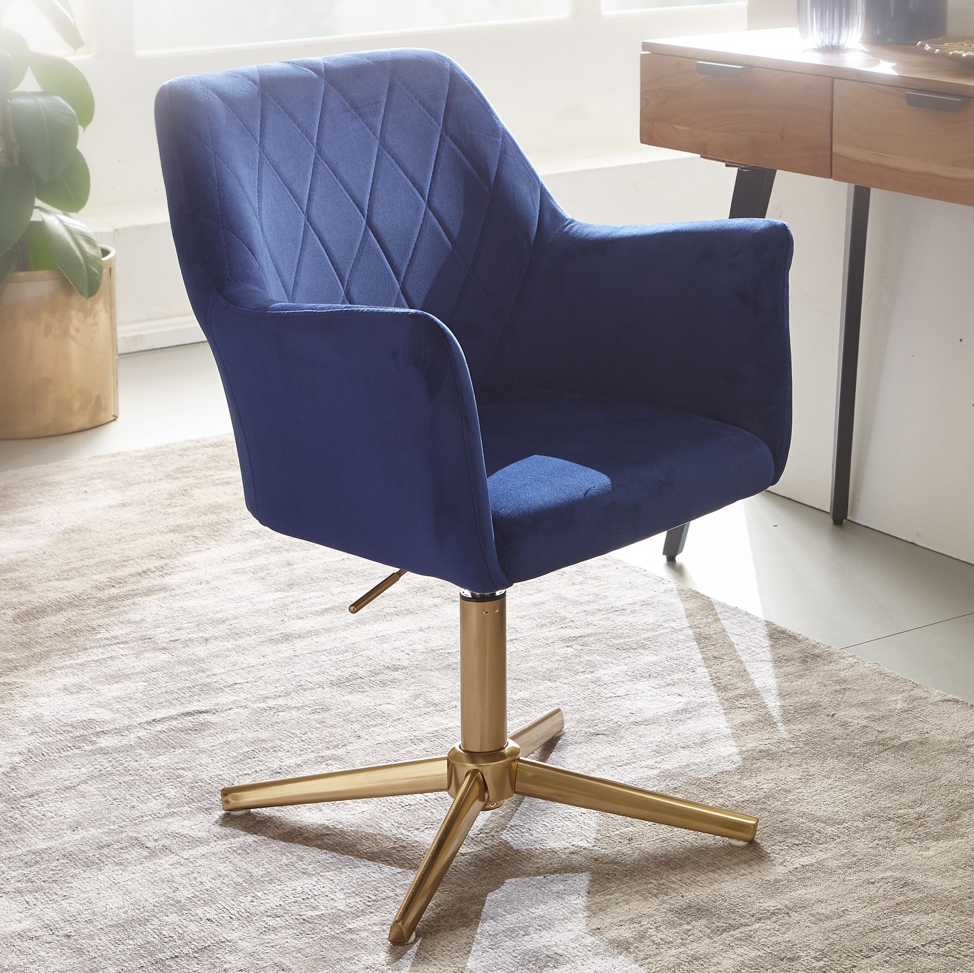 Chaise de bureau bleu foncé velours | Métal doré | Hauteur réglable 80-97 cm