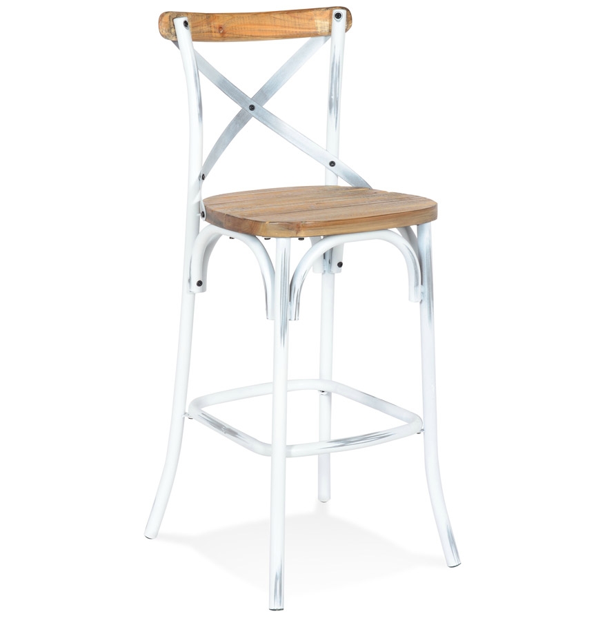 Tabouret bar COTTAGE en bois finition noyer vieilli | Blanc et chêne | 50x47x110 cm