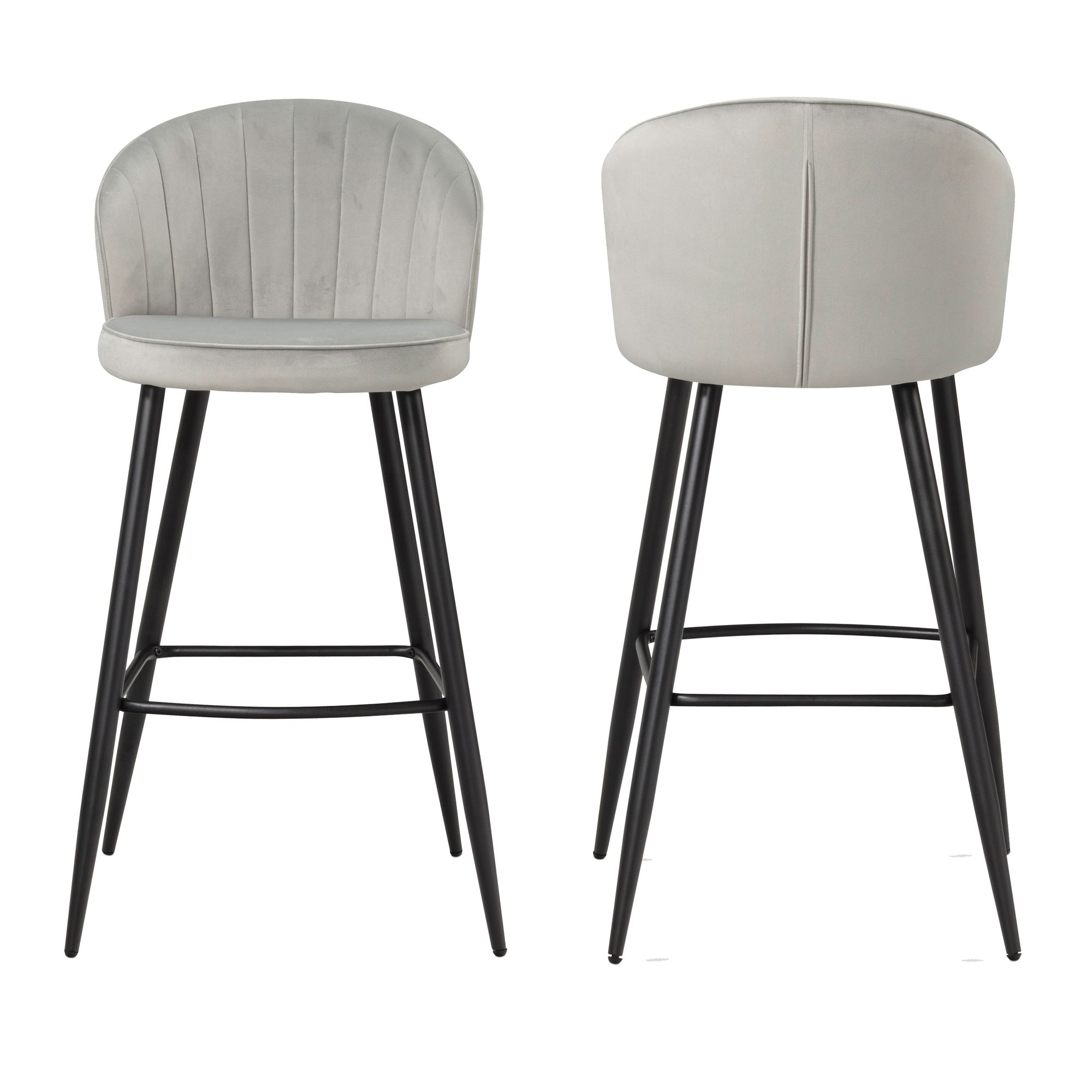 Lot de 2 tabourets de bar velours gris avec dossier | Pieds noirs | 56x102,5x52,5 cm