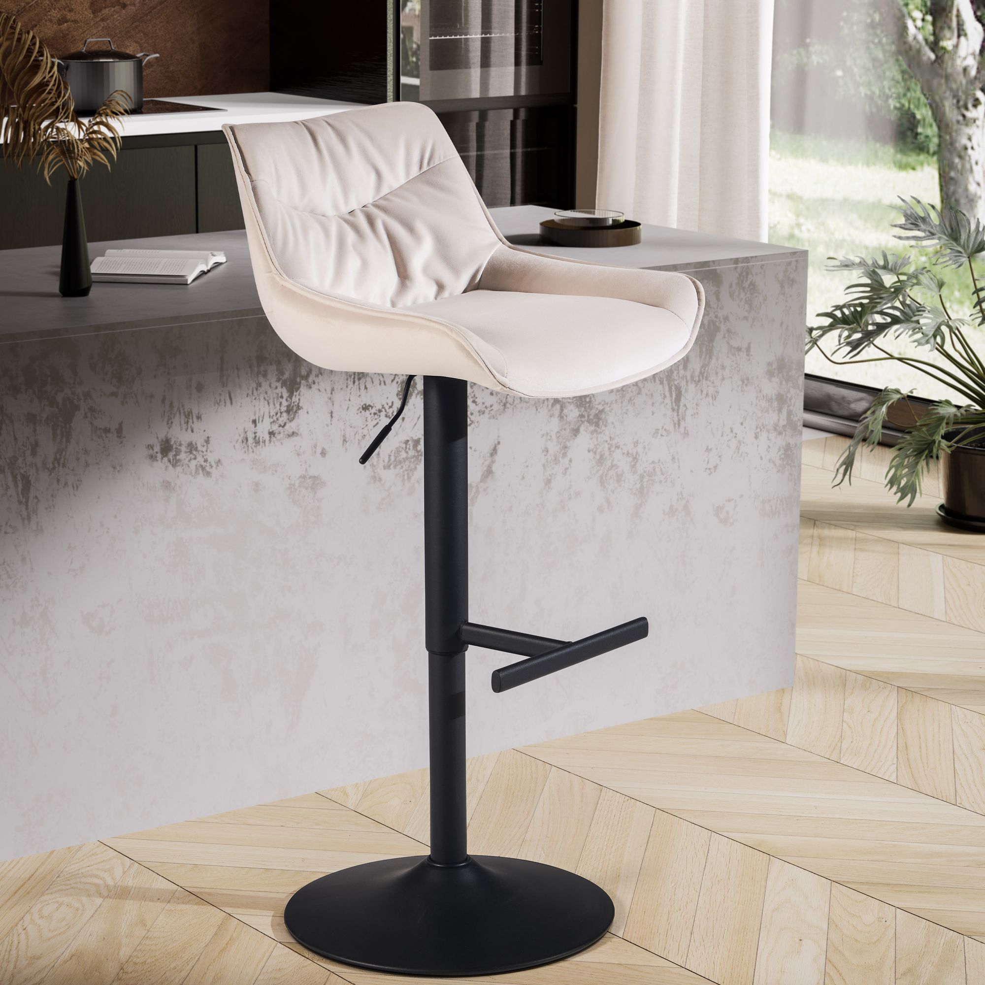 Barhocker Samt Beige | Hocker avec dossier | Hauteur réglable 86 - 106 cm