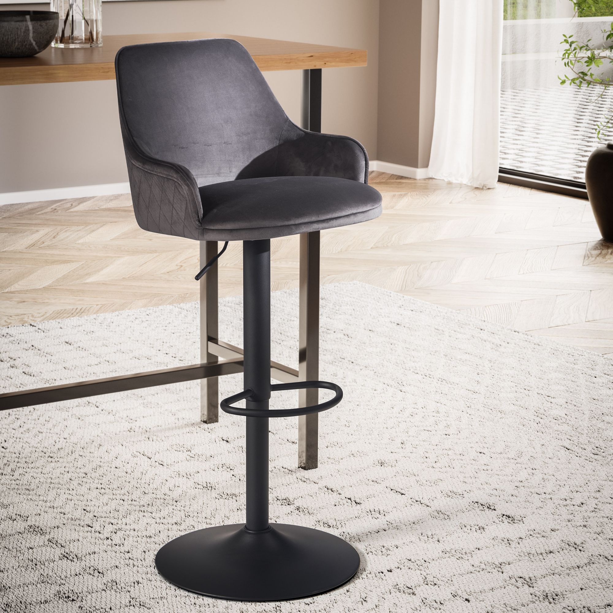 Barhocker Samt Gris | Hocker avec dossier et accoudoirs | Hauteur réglable 86 - 106 cm