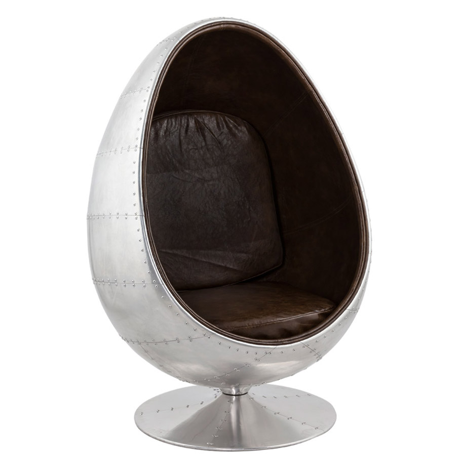 'PILOT' aviator egg armchair in metal and brown synthetic material