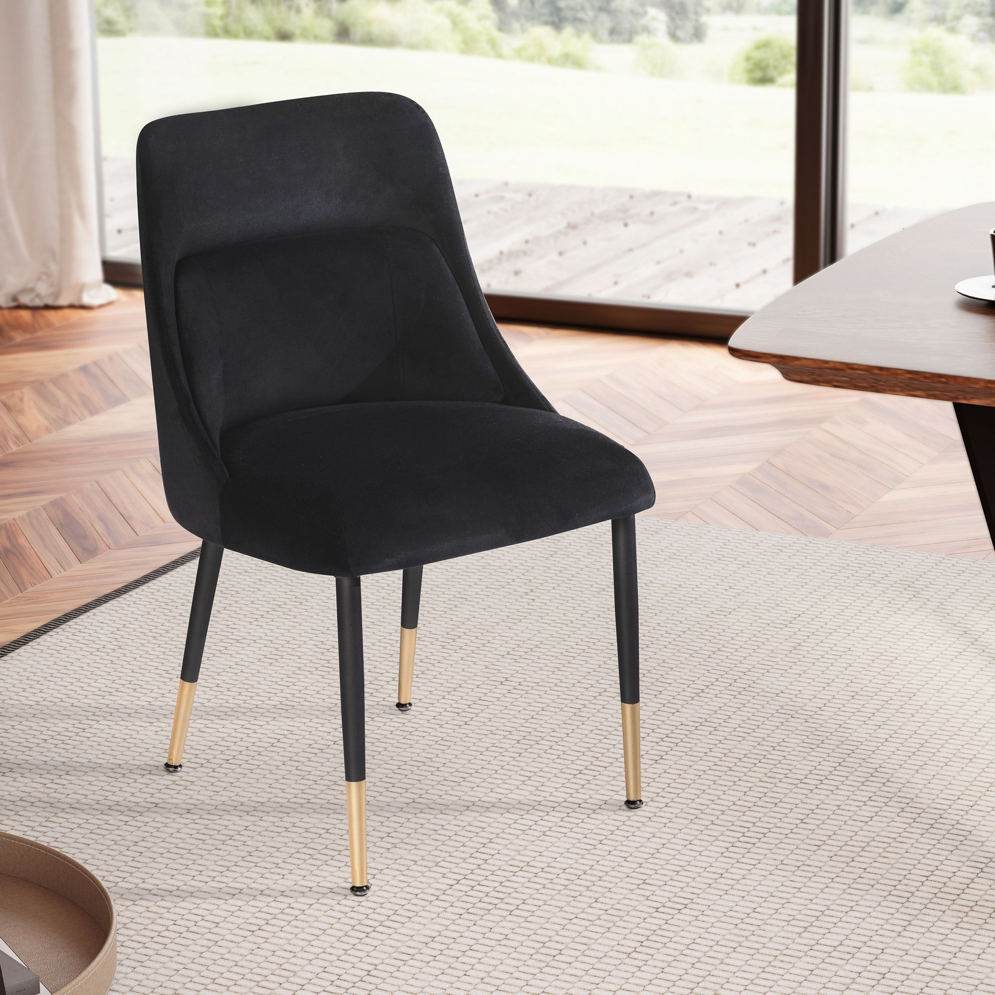 Chaise de salle à manger velours noir avec pieds noirs | 49x56x85 cm | Fauteuil moderne rembourré