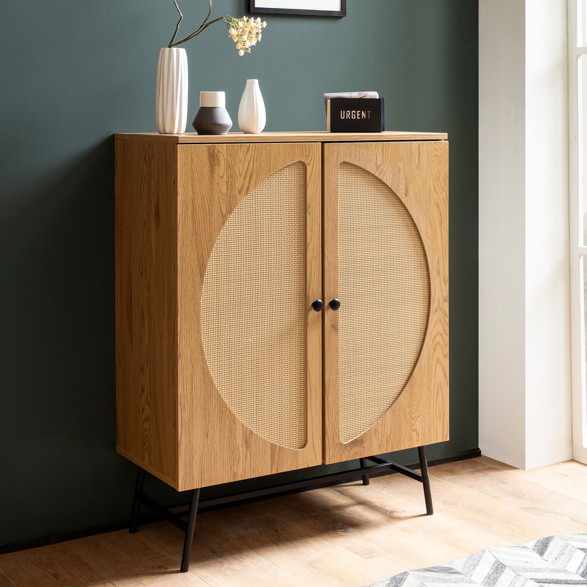 Buffet 80x103x39 cm buffet haut décor chêne avec tissage rotin moderne, commode haute, armoire sur pied avec 2 portes, commode buffet salon
