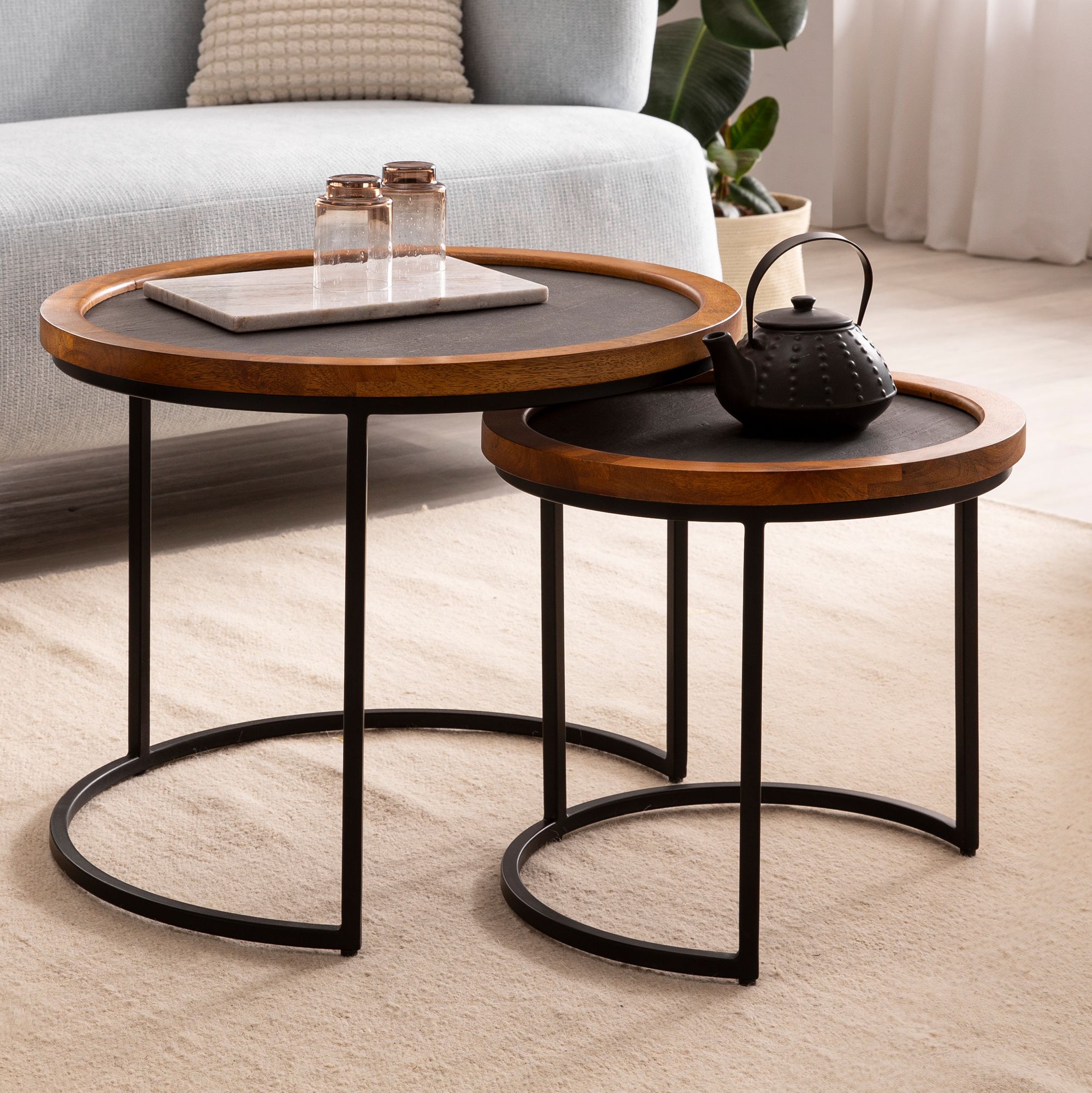 2-Piece Coffee Table Set Solid Mango Wood / Stone Look | Brown / Anthracite | Large 60x60x46 cm & Small 44x44x40 cm