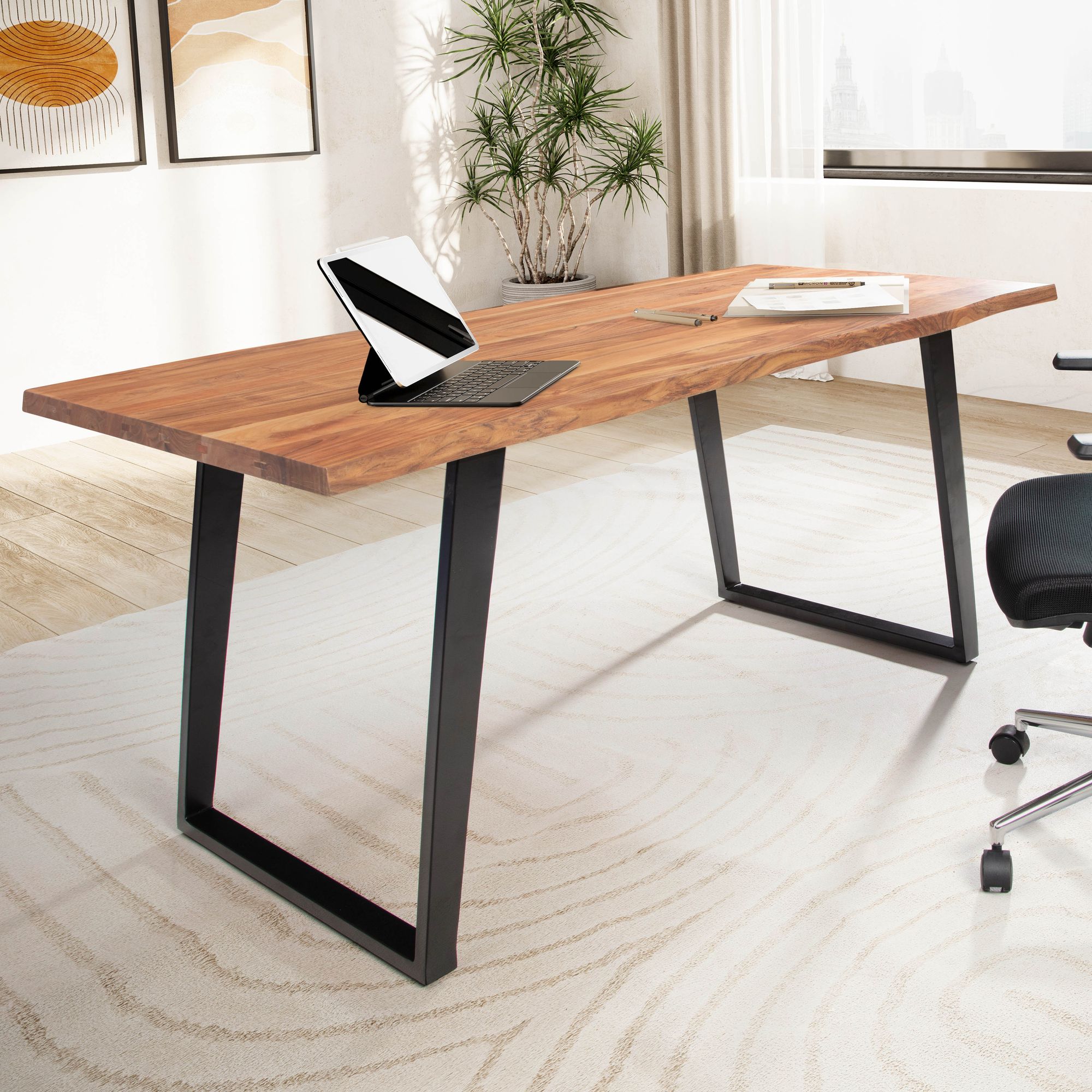 Bureau 200x100x76 cm Bois massif d'acacia / Métal Noir | Plateau avec chant naturel
