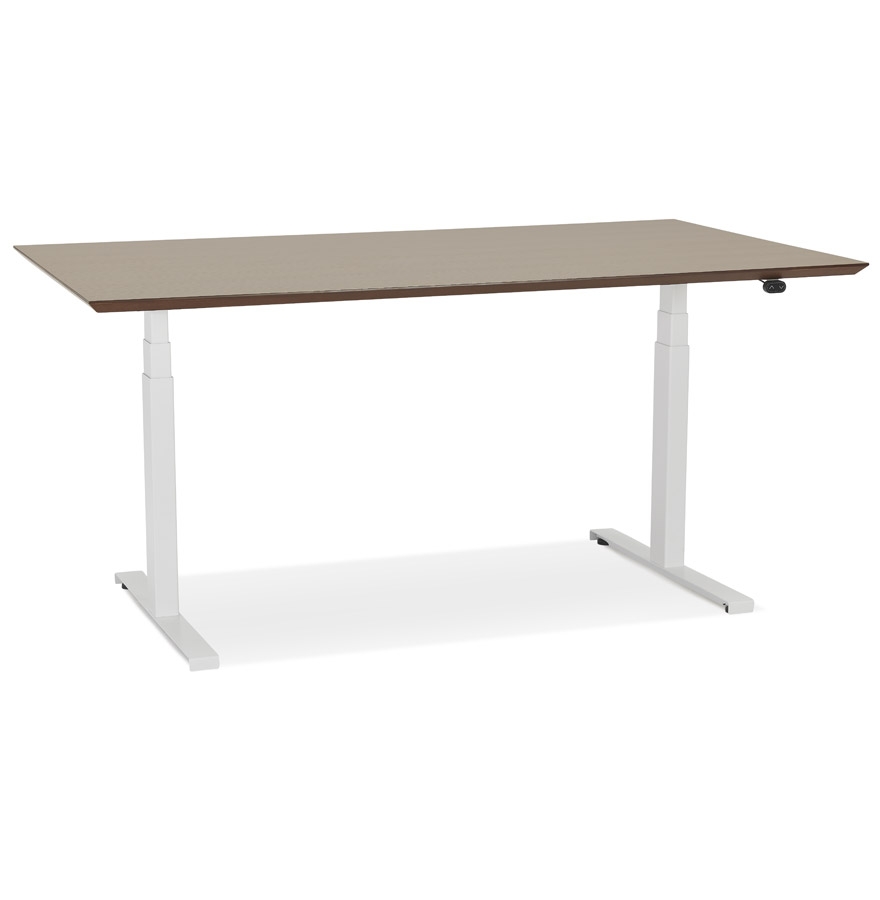 'BIONIK' electric sit-stand desk with walnut finish wooden top and white metal foot - 150x70 cm