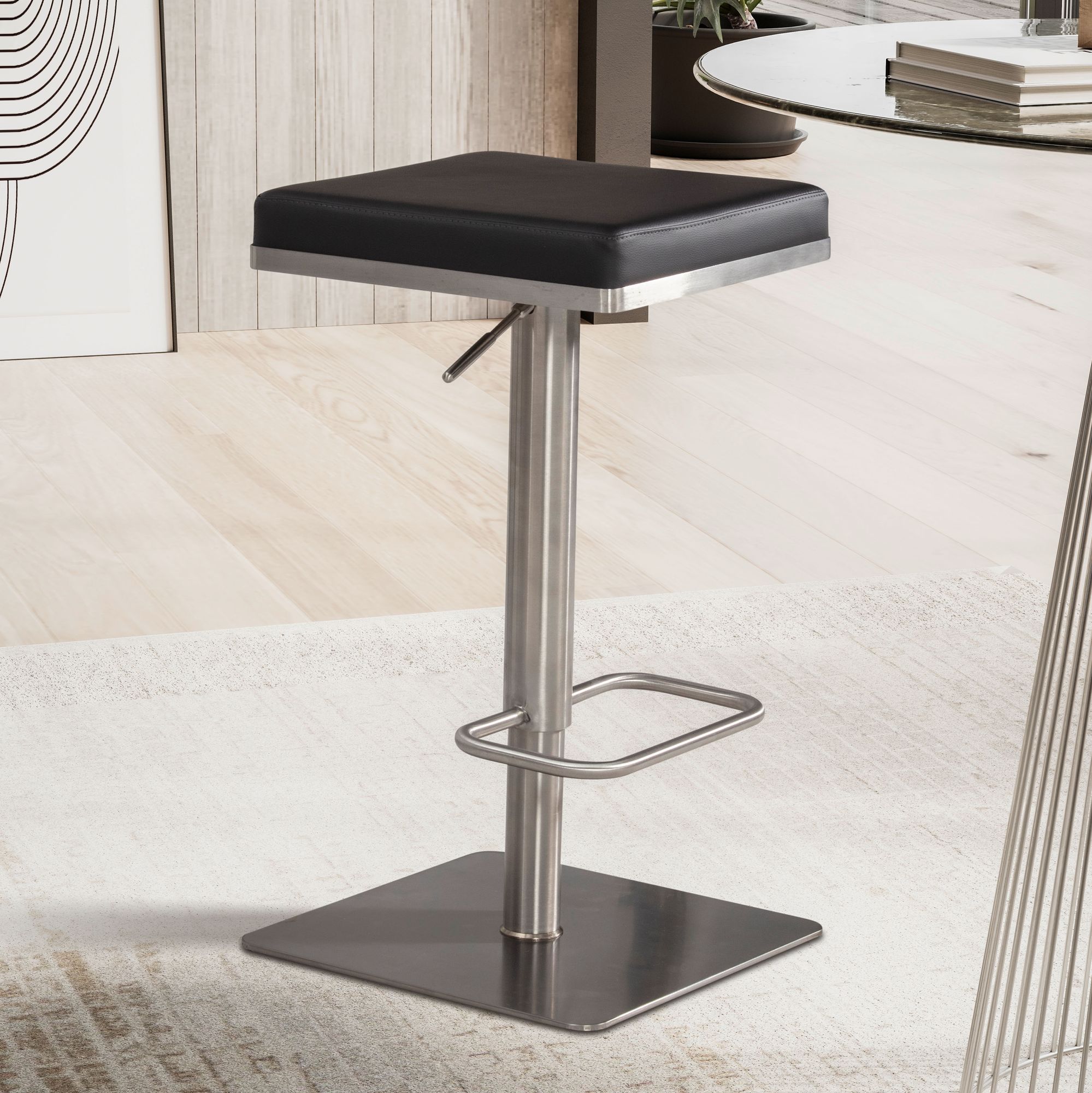 Black Faux Leather Bar Stool with Stainless Steel Frame | Modern Design | Padded Adjustable Seat (53-82 cm)
