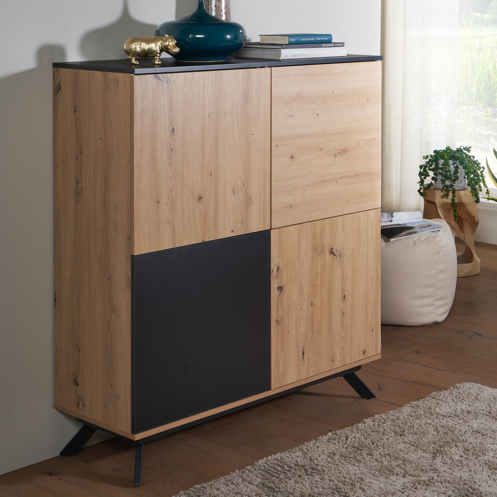 Buffet haut 110x125x40 cm Buffet en MDF décor chêne / noir, commode à 4 portes, commode, armoire de couloir, moderne