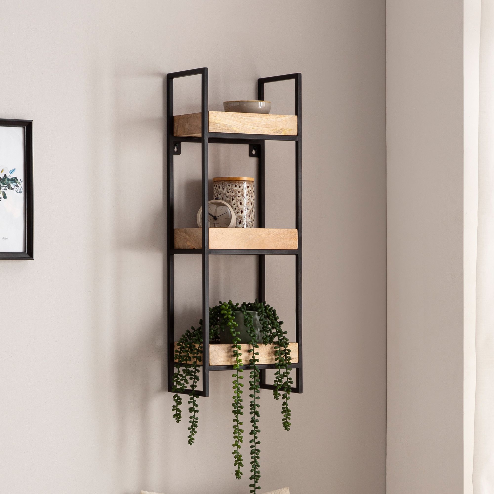 Étagère Murale 27x77x18 cm Bois de Manguier Massif / Métal | Design Industriel | 3 Plateaux Marron Clair / Cadre Noir