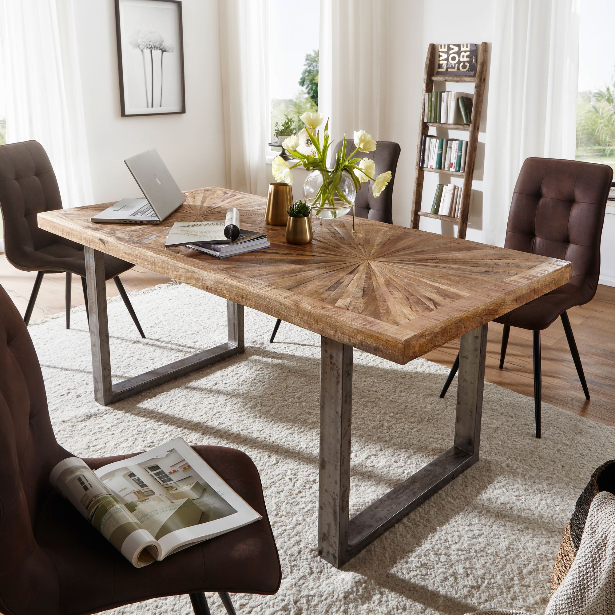 Esstisch Mango Massivholz / Metall | Braun und Schwarz matt | 180x76,5x90 cm
