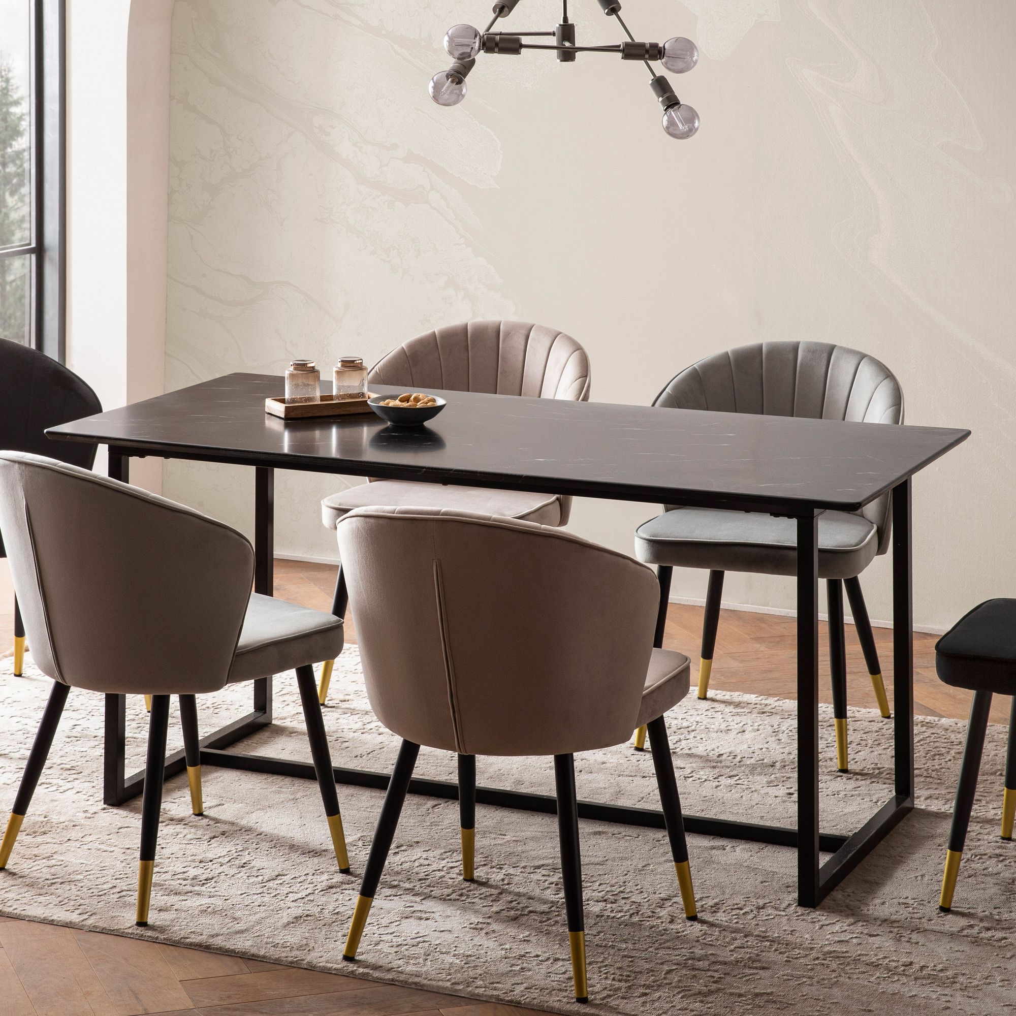 Table à manger 120x60x76 cm | Plateau noir effet marbre | Piètement métal noir