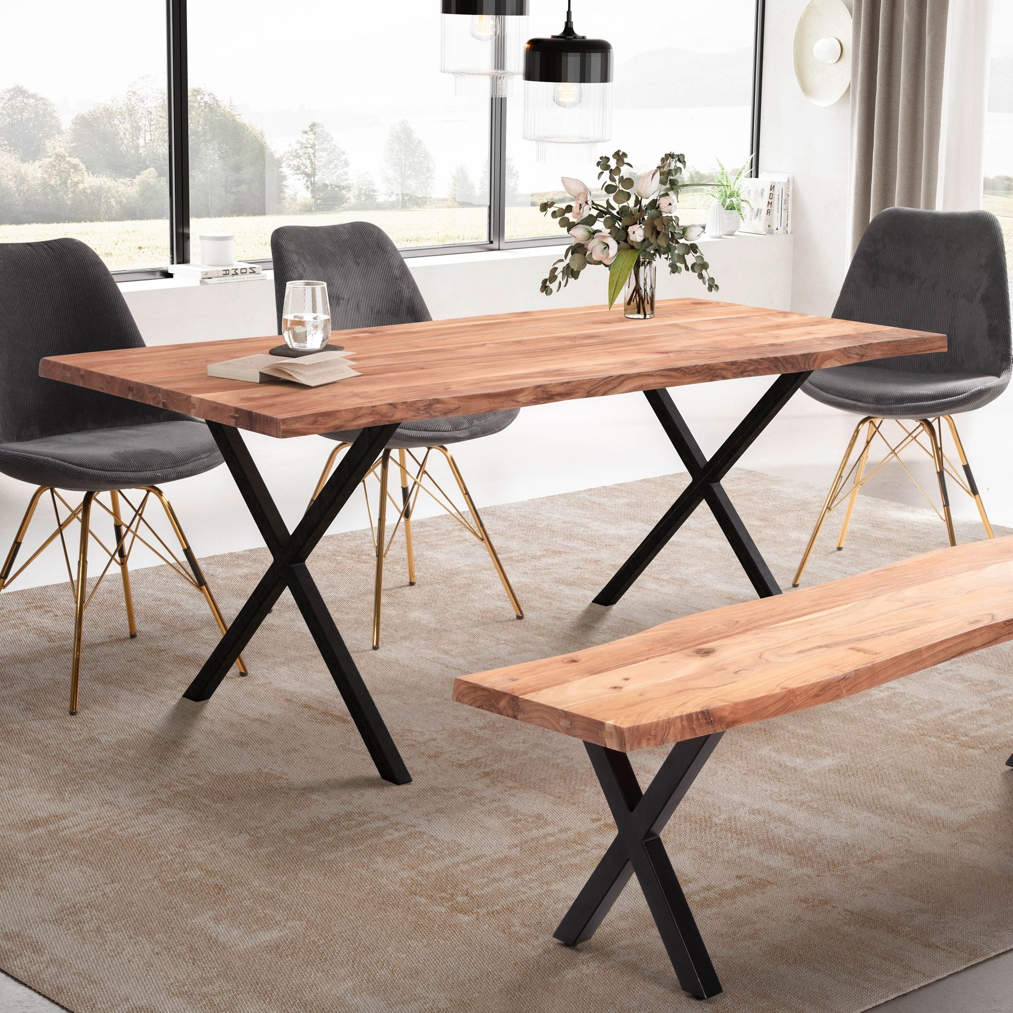 Table à manger Acacia massif | Bois doré clair et pieds noirs | 120x60x76 cm